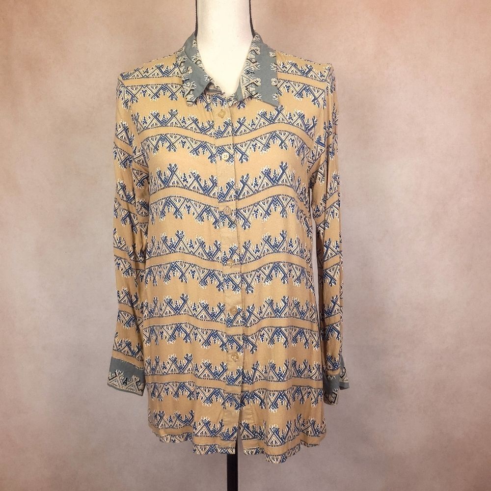 Anthropologie Bel Kazan Tan Khaki Geometric Print Long Sleeve Button Down Shirt